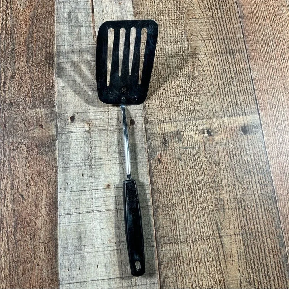 Vintage Foley USA Chrome Slotted Spatula Black Handle Mid Century 11.5